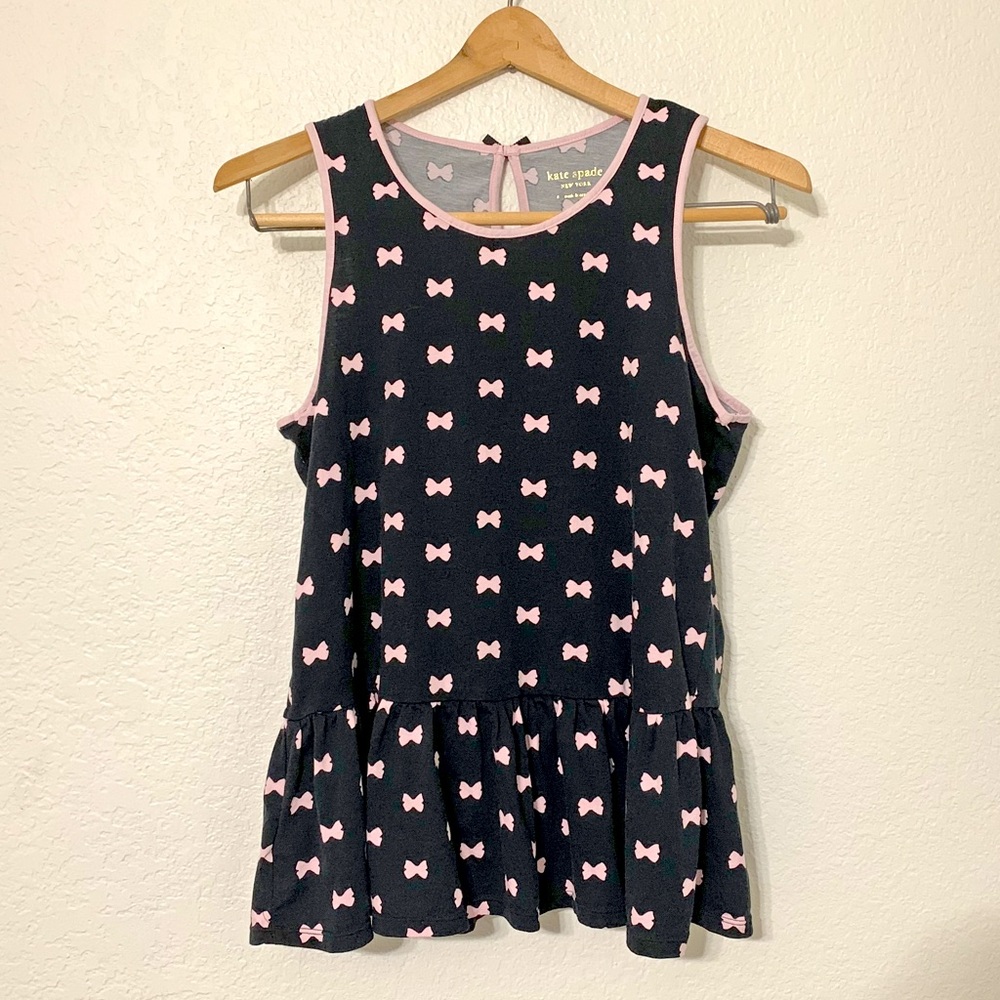 Kate Spade Black & Pink Bow Print Cotton Blend Peplum Ruffle Pajama Tank - Small